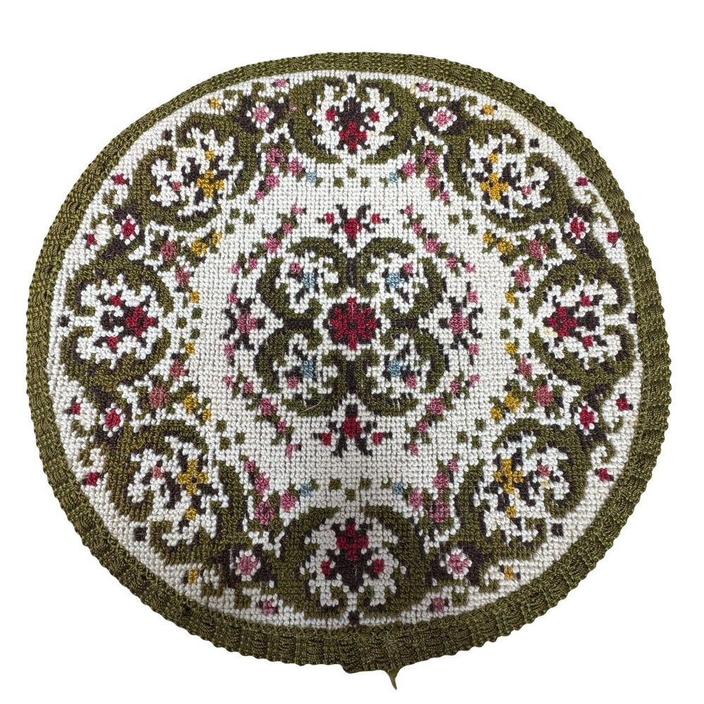 Vintage Needlepoint Doll Dollhouse Rug Floral 9" Round  Green Wool Handmade 9"